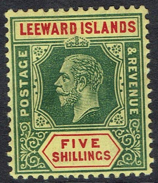 LEEWARD ISLANDS 1912 KGV 5/- ON WHITE BACK WMK MULTI CROWN CA 