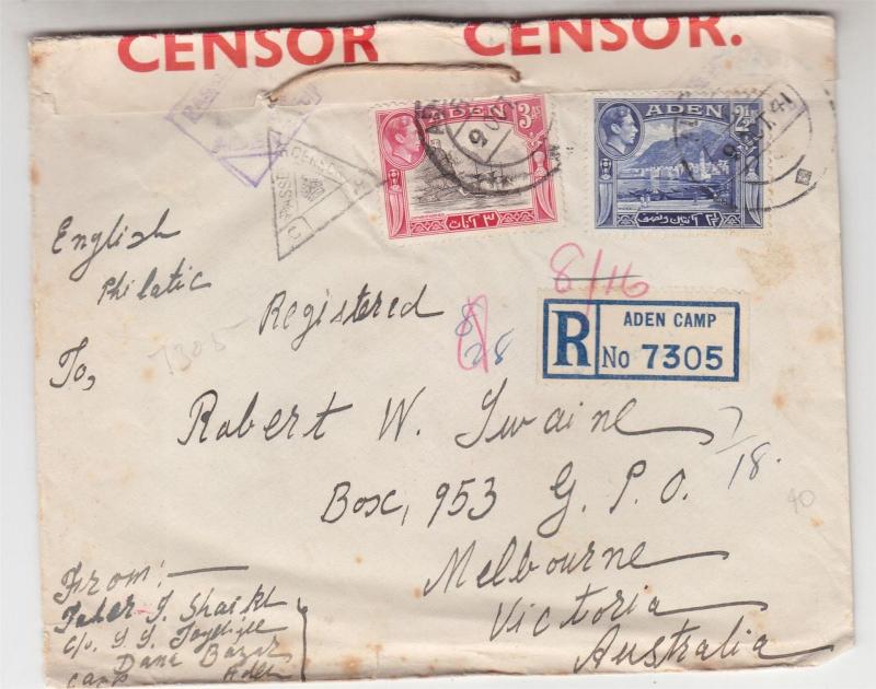 ADEN, 1941 Censored cover,. Aden Camp to Victoria, Australia, Aden Reg. PO Seal