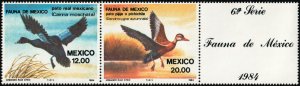 ✔️ MEXICO 1984 - BIRDS DUCKS - Sc. 1346/1347a PAIR WITH LABEL MNH ** [01PM4]