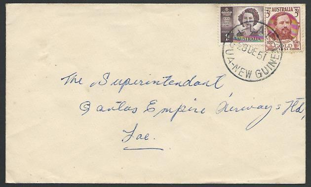 PAPUA NEW GUINEA 1951 cover, Australia franking, LAE cds...................12360