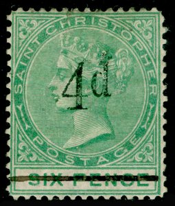 ST CHRISTOPHER SG25a,4d on 6d Grn OVERPRINT NO STOP AFTER D,M MINT.Cat £225