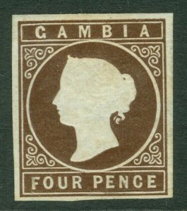 Sg 1 Gambia 1869-72. 4d Brown, No. Filigree. Slightly mounted new 4 fine-