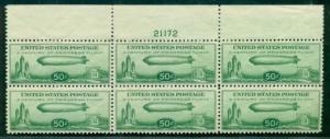 US #C18 50¢ Zeppelin, Plate No. Block of 6, og, NH, VF, Scott $700.00