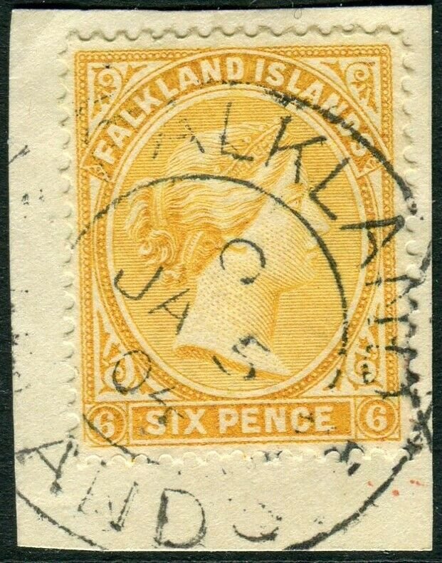 FALKLAND ISLANDS-1896 6d Yellow. A fine used example on piece Sg 34