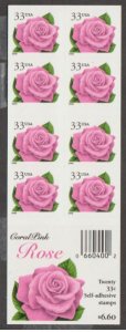 U.S. Scott #3052Ef Coral Pink Rose Stamps - Mint NH Booklet