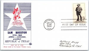 US COVER FIRST DAY OF ISSUE SAM HOUSTON REPUBLIC OF TEXAS H.P.A. CACHET 1964