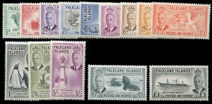 Falkland Islands #107-120 Cat$200, 1952 George VI, complete set, lightly hinged