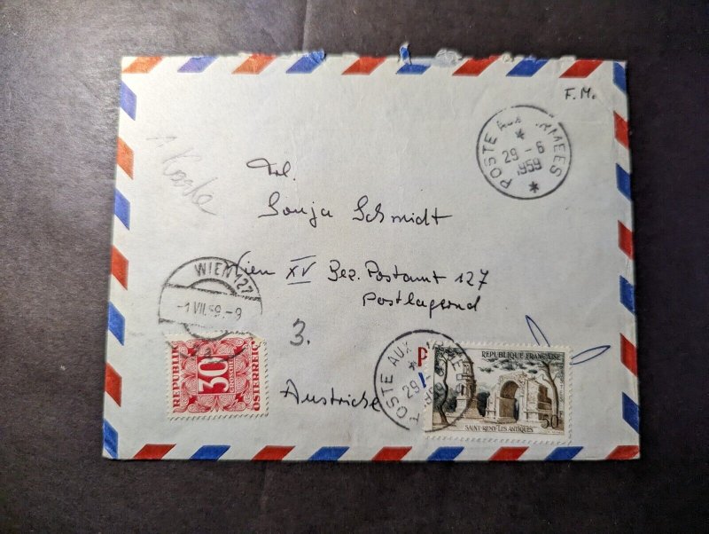 1959 France Austria Dual Postage Airmail Cover to Vienna Austria