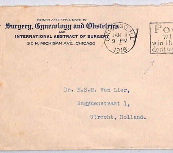 USA WW1 Cover HOSPITAL Chicago *GYNECOLOGY* Medical Slogan 1916 Utrecht YU84