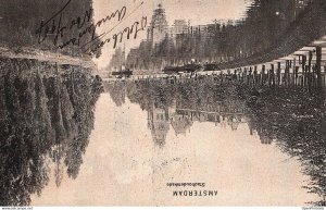 1907 Netherlands postcard Amsterdam canal to Uruguay perfin K Portugal transi...