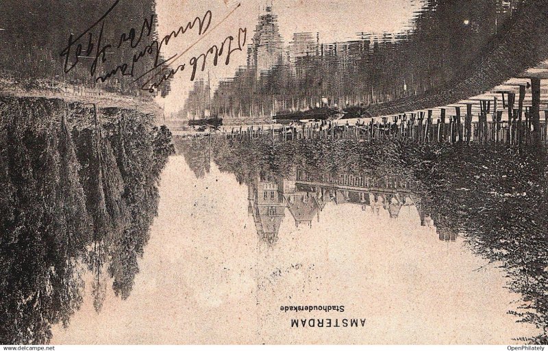 1907 Netherlands postcard Amsterdam canal to Uruguay perfin K Portugal transi...