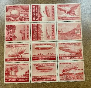 Germany Pre-WWI Pioneer Airships poster stamp sheet of 12 Metzeler Ballonstoff