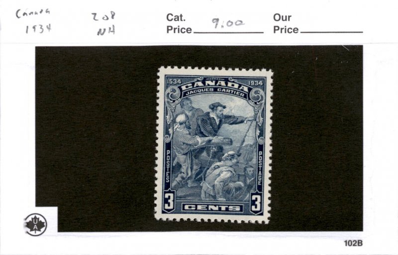 Canada, Postage Stamp, #208 Mint NH, 1934 Cartier Quebec (AG)