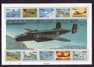 Palau-Sc#C22-unused NH airmail sheet-Planes-Military-Aircraft-WWII-1992-