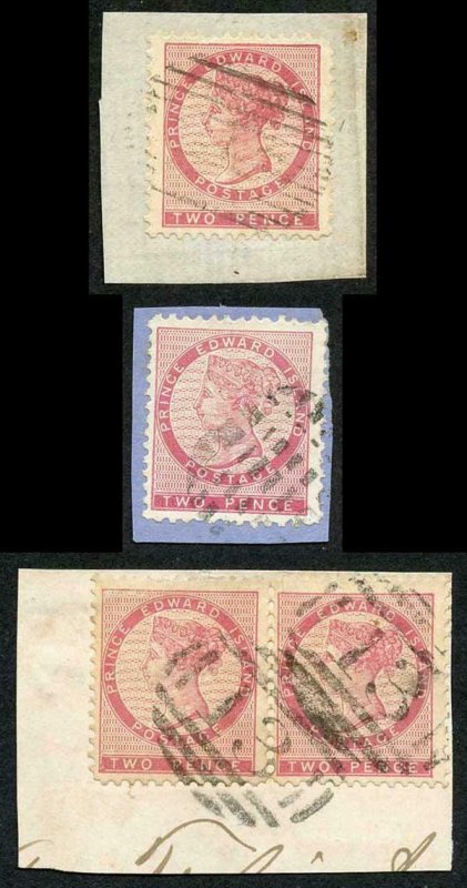 PRINCE EDWARD IS SG12 1862 2d perf 11.5-12 two singles and a Pair fine cancels