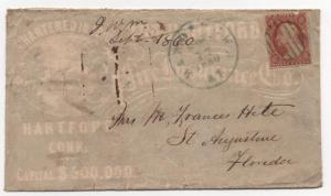 US ADV Cover Scott #26 Blue CDS Sept 17, 1860 Bardstown KY Hartford Insurance