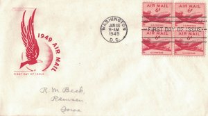 1948 Air Mail FDC, #C39, 6c DC-4, House of Farnam, block of 4