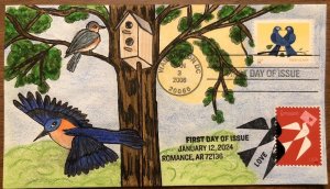 2024 LOVE STAMP FDC HAND DRAWN PAINTED CACHET Bluebirds 2006 Birdhouse