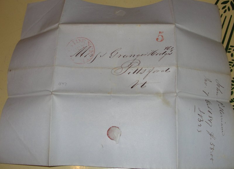 Old 1847 Hand Stamped “5” Letter – Providence, RI.