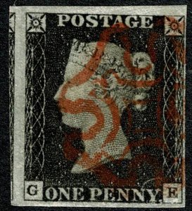 GB 1d intense Black. Plate 2  GE. Four margins cancelled by neat red Maltes...
