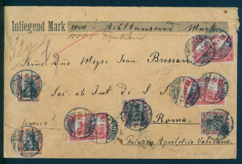 Germany 1909 Mi94BII 8000M Wertbrief Money Letter To the Vatican Cover 96778