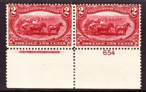 US 286 2c Trans-Mississippi Mint Plate #654 Bottom Pair F-VF OG NH SCV $160