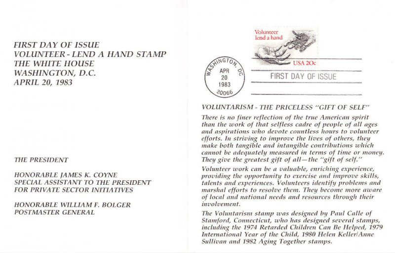 USPS 1st Day Ceremony Program #2039 Voluntarism Volunteer - Lend A Hand 1983