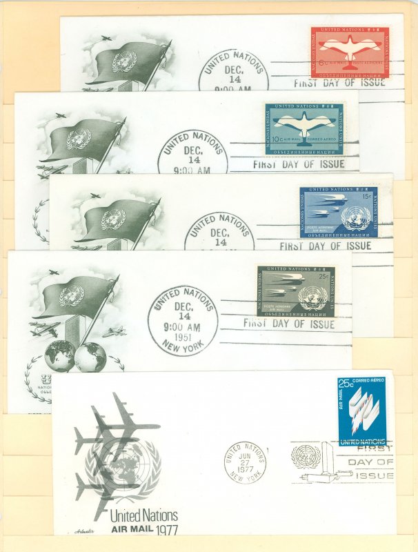 United Nations C1-4/C22 1951-77 5 U/A Airmail FDCs with artmaster cachets