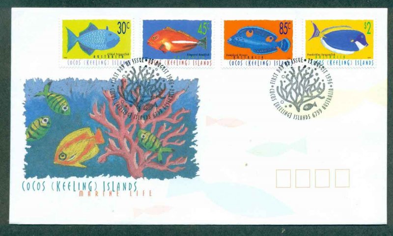 Cocos Keeling Is 1996 Marine Life II, 30,45,85c,$2 FDC lot49004