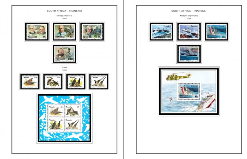 COLOR PRINTED R.S.A. TRANSKEI 1976-1994 STAMP ALBUM PAGES (34 illustrated pages)