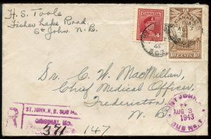 ?ST. JOHN, N.B. Registered 1943 WAR  issue cover Canada