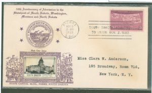 US 858 1939 3c 50th anniv of Statehood/South Dakota on an addressed (typed) FDC with a Crosby cachet and a Pierre, SD cancel