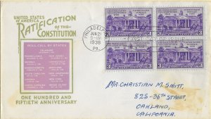 1938 FDC, #835, 3c Ratification of Constitution, Ioor, block of 4