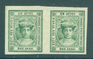 SG 11a Indore 1904-20. 1a green, imperf pair. Fine mint, full good to large