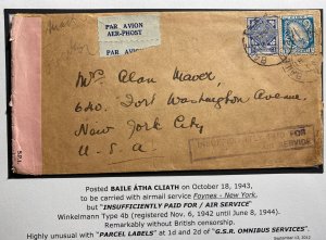 1943 Dublin Ireland Censored Airmail Cover To New York USA Postage Due