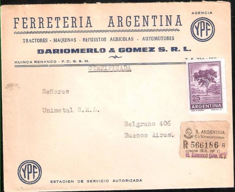 AARG-360 ARGENTINA 1966-67 REGISTERED COMERCIAL COVER PROC Y RIQ FLORA TREE 25 p