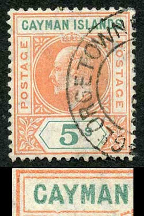 Cayman Is SG16a 5/- salmon and green Mult CA DENTED FRAME (only 19 printed)