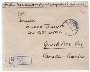 1930 Zagreb Yugoslavia Regisered Cover to Grand Mere Canada