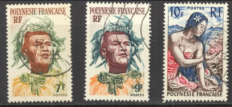 French Polynesia Sc# 187-189 Used 1958 7fr-10fr Girl Playing Guitar