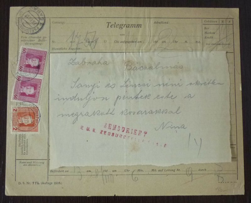 Austria 1918 Serbia WWI Censored Franked Telegram - Rare !  C2