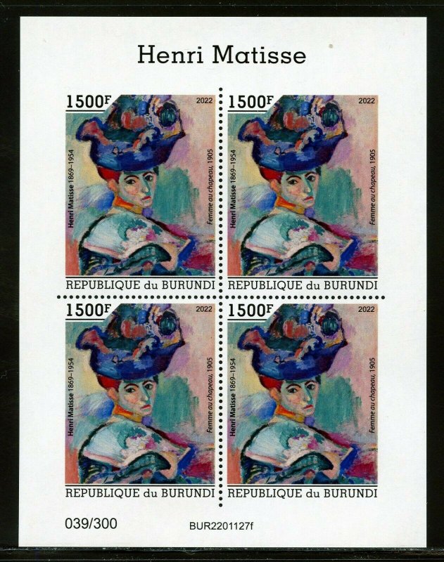 BURUNDI 2022  HENRI MATISSE WOMAN WITH HAT II SHEET MINT NEVER HINGED