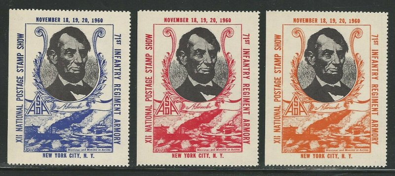 U.S.,XII National Postage Stamp Show 1960, Set of 3, Abe Lincoln Poster Stamps 