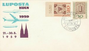 LUPOSTA   KOLN 1959 , COVER , POSTER STAMP AND 1959 GERMANY FIRST STAMPS COVER