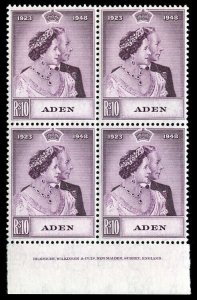 Aden 1949 KGVI Silver Wedding 10r IMPRINT BLOCK of four MNH. SG 31.