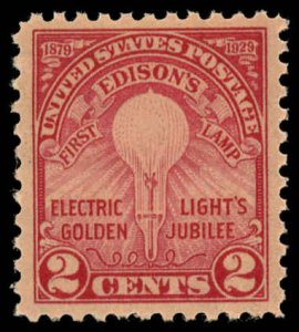 US Sc 654 VF/MNH - 1929 2¢ - Edison's First Lamp - Flate Press, Perf 11