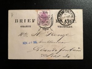 1896 Orange Free State Postcard Cover Bloemfonein to Grand Fonfam