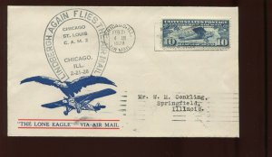 FEB 21 1928 CAM 2  LINDBERGH AIRMAIL COVER CHICAGO TO SPRINGFIELD