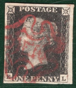 GB PENNY BLACK 1840 QV Stamp SG.2 1d Plate 5 (EL) Used Red MX Cat £400 BRRED70