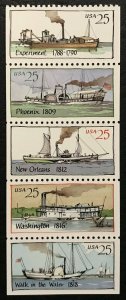 1989 Steamboats Booklet Pane Of 5 25c Postage Stamps, Scott# 2405-2409, MNH, OG