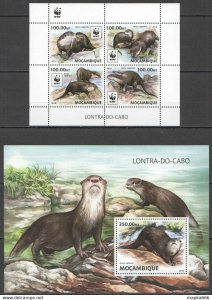 2016 Mozambique Wwf Otters Wild Animals #8884-8887+Bl1217 ** Nw0574